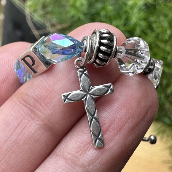 VTG Charm Bracelet Size 7 Block Letter Cross Glass Beads Colorful Sterling 18.7g - Picture 3 of 11